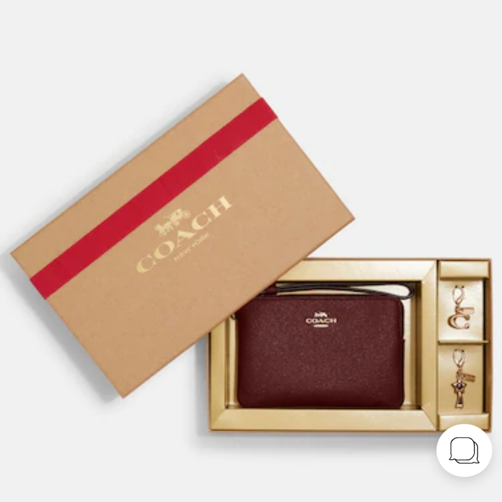 Coach Boxed Leather Corner Zip Wistlet in Gold/ Black Cherry - Picture 4 of 10